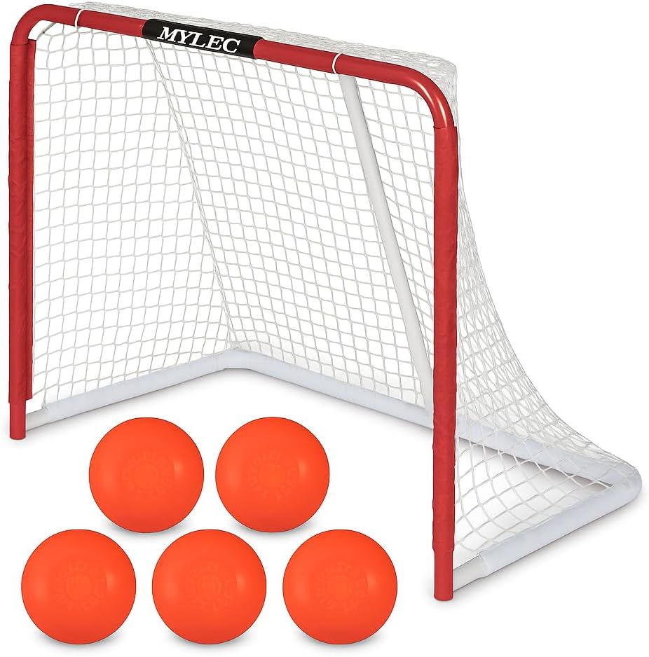 Mylec Steel Junior Hockey Goal 52” x 43” with Sleeve Net System + 6-Pack No-Bounce Street Hockey Balls, Durable Indoor/Outdoor Net for Roller & Street Hockey Training
