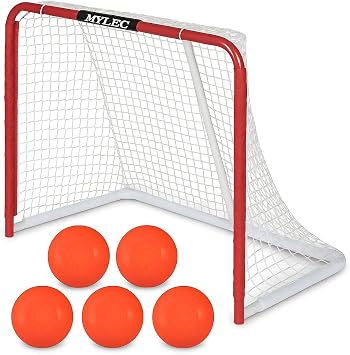 Mylec Steel Junior Hockey Goal 52 x 43 مع نظام شبكة الأكمام + 6 كرات هوكي الشوارع بدون ارتداد، شبكة داخلية/خارجية متينة للتدريب على لعبة هوكي الشوارع
