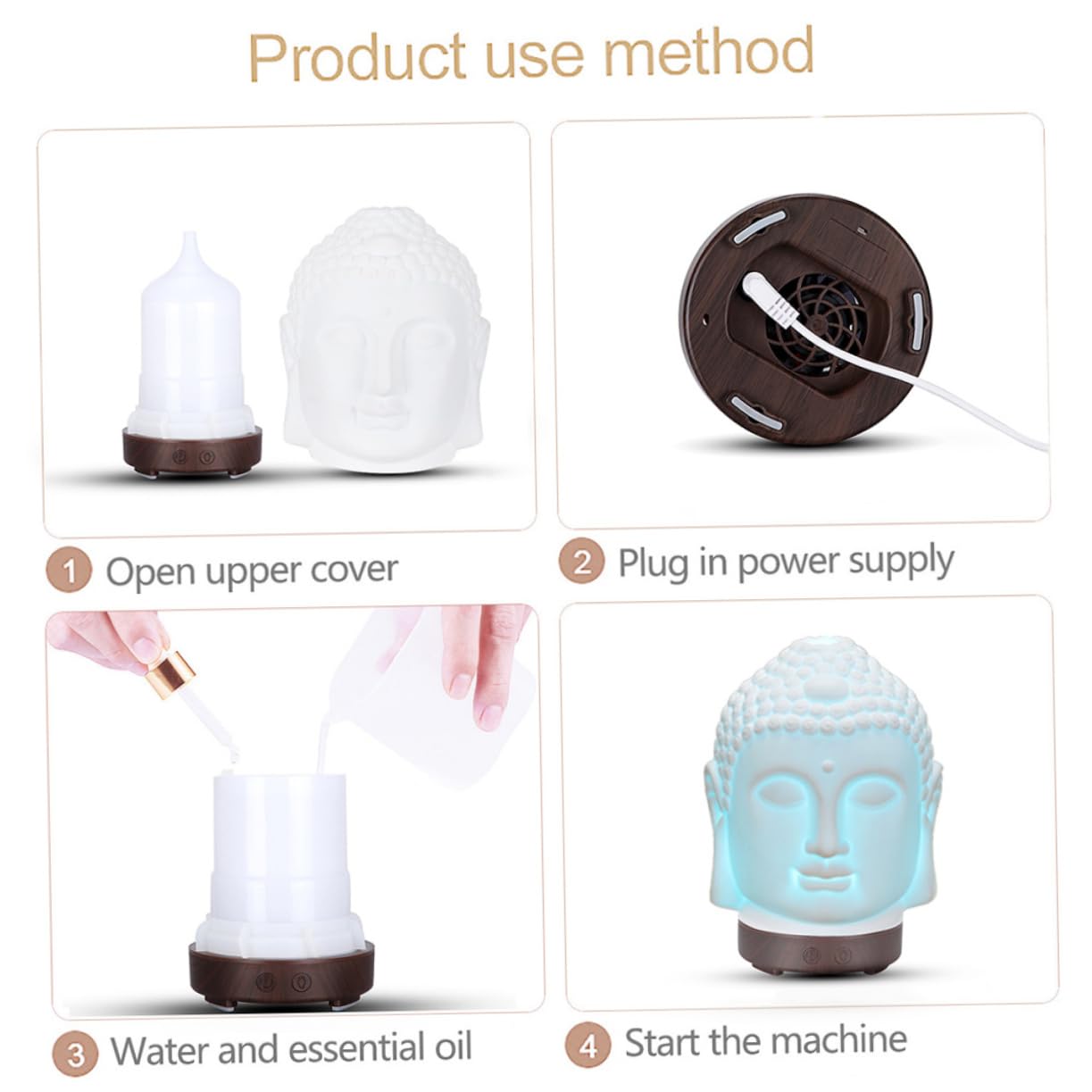 Buddha Kopf Aromatherapie Diffusor Weiß Keramik für Luftbefeuchtung | 1 Stück, Kompakte Form für Home Deko, 1l-volumen Passend fürs Nachttisch Setup