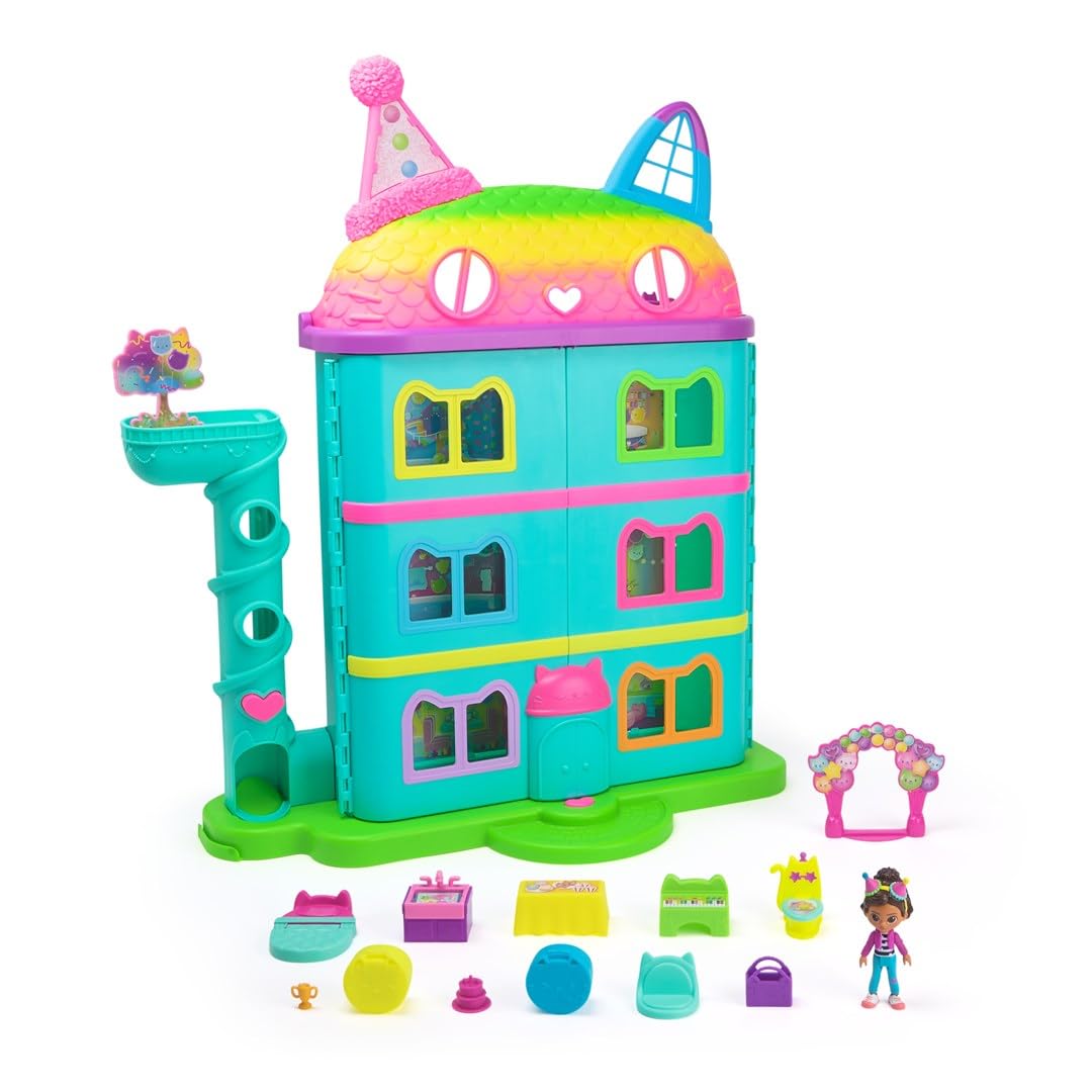 Gabby's Dollhouse, 15-Piece Purrfect Party Dollhouse Playset in Rainbow Look, Over 60 cm with Gabby Figure, Furniture and Sound Effects, from 3 Years