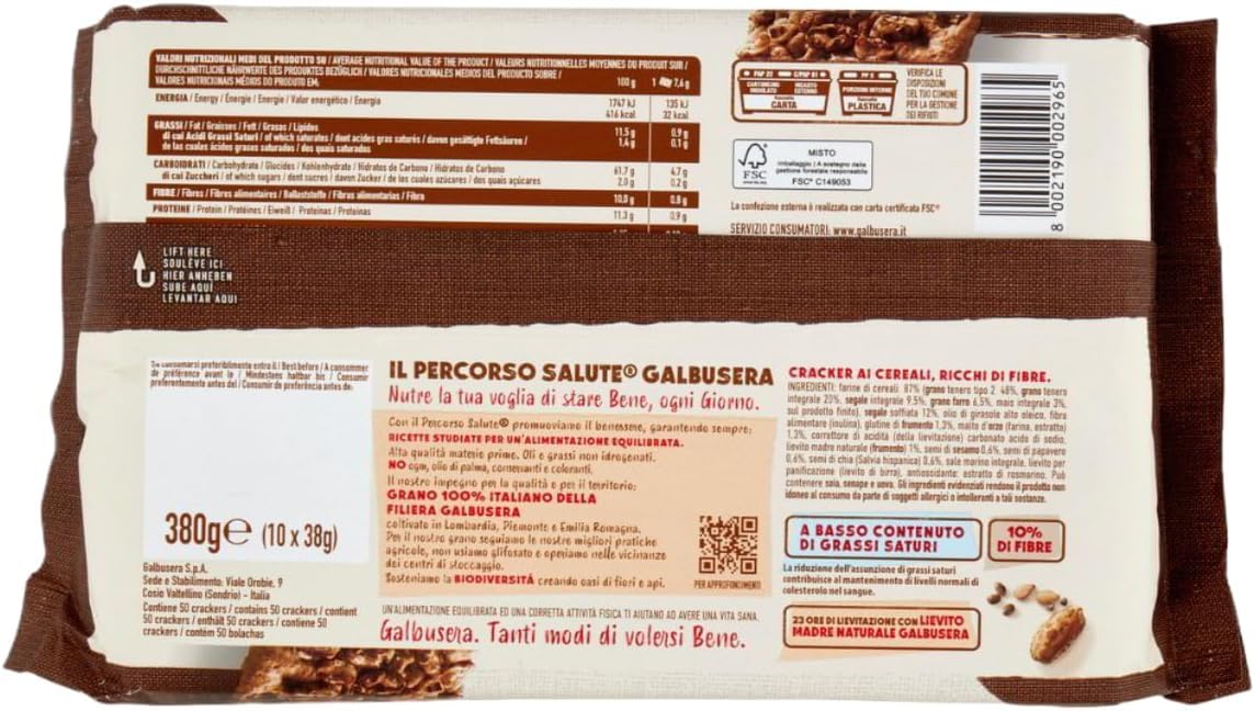 8X Cracker Piu Integrali con Semi di Sesamo, Papavero, Chia e Chicchi di Segale, Salatini Ricchi di Fibre per galbusera, 380g
