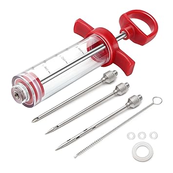 TGE-V 1-oz Plastic BBQ Marinade Injector Kit With Stainless Steel Needle, Replacement O Rings, Cleaning Brush for Turkey, Smoked BBQ Grill