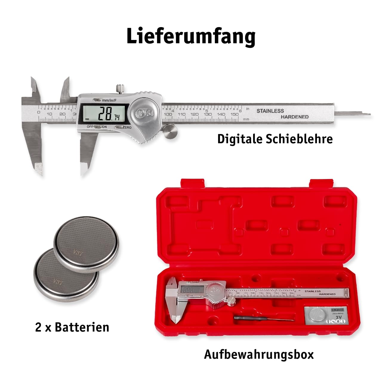 WALTER Schieblehre Digital, Messschieber Analog, Schieblehre, Messlehre, inkl. Knopfbatterie 3V, Edelstahl, spritzwasserfest, IP54 zertifiziert, LCD Display, Messbereich 0-150mm, inkl. Feineinstellrad