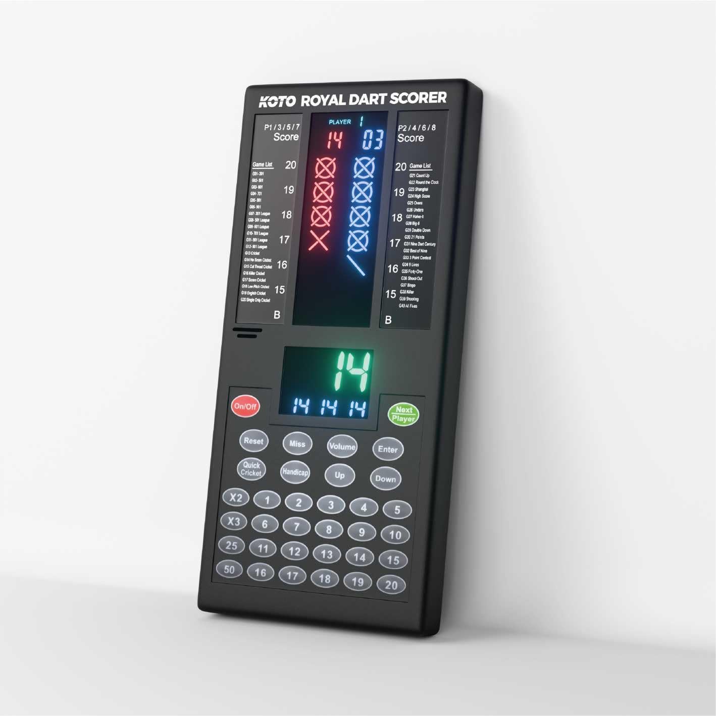 KOTO – Marcador de Dardos Electrónico con 40 Juegos, Pantalla de Puntuación, Apto para 8 Jugadores, Incluye Fijación a la Pared, Funciona con Pilas