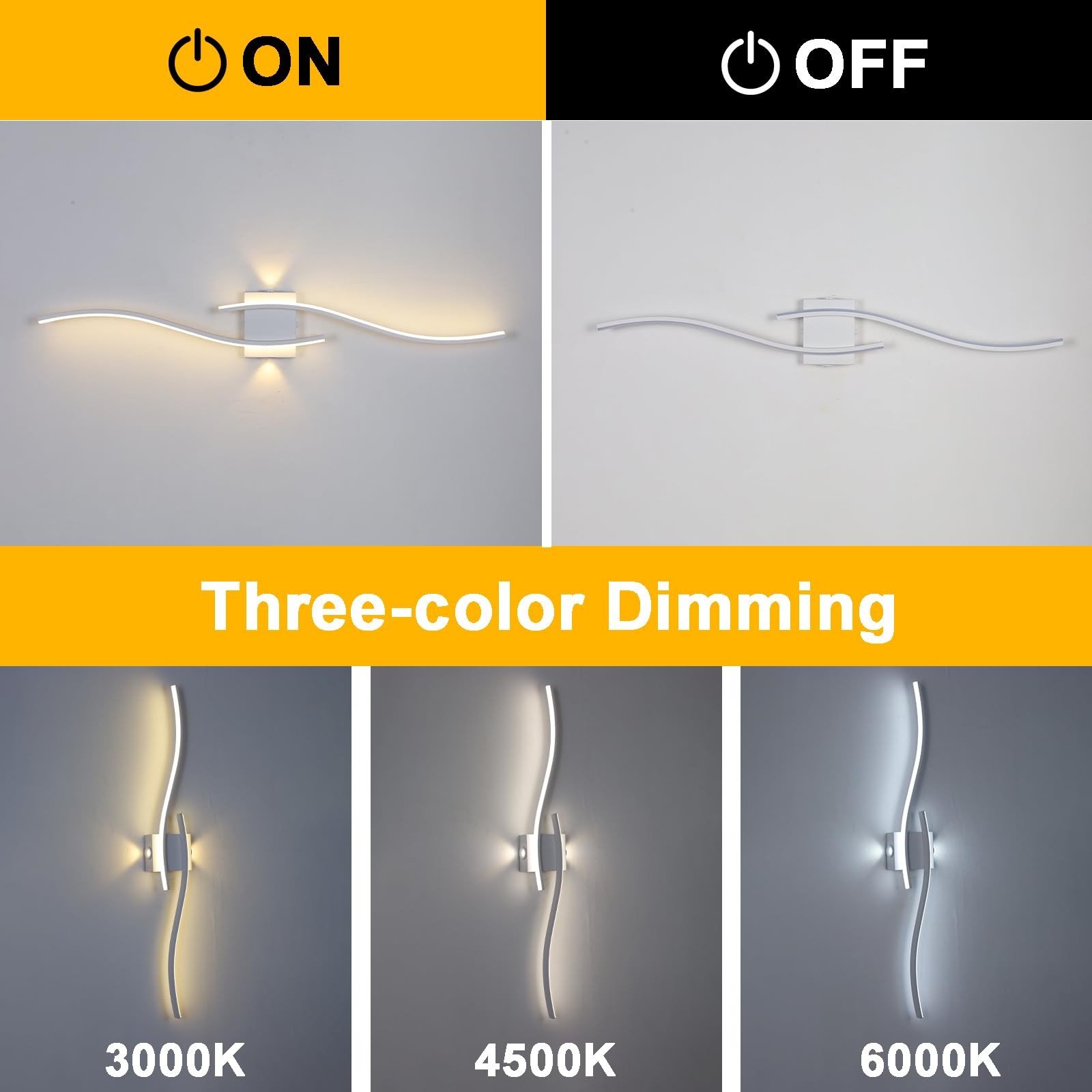 Applique Da Parete Interno,120Cm Applique Camera Da Letto Ad Onda,Lampada Da Parete In Alluminio A 3000-6000K Regolazione Continua Per Soggiorno Da Letto Bagno Corridoio Scale Decorazione Bianco