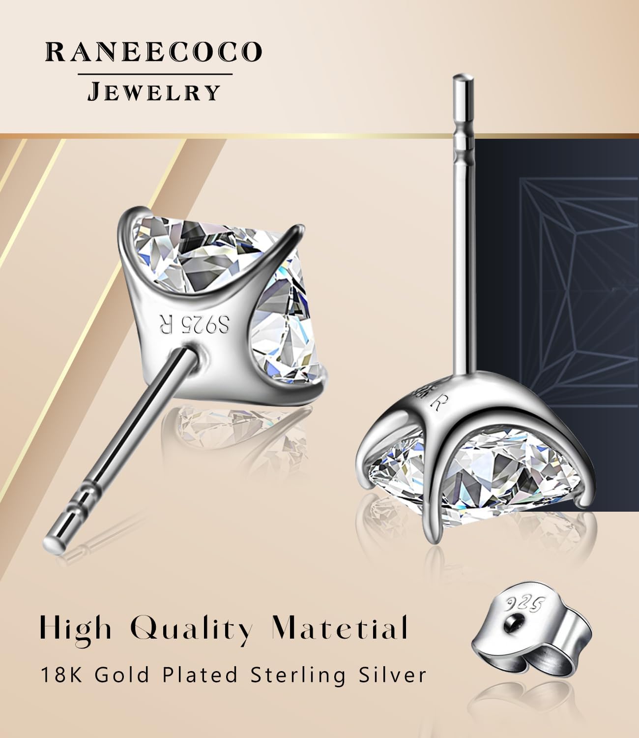 ”STUNNING FLAME“ 18K Gold Plated Sterling Silver Princess Cut Cubic Zirconia Stud Earrings for men women - Image 9