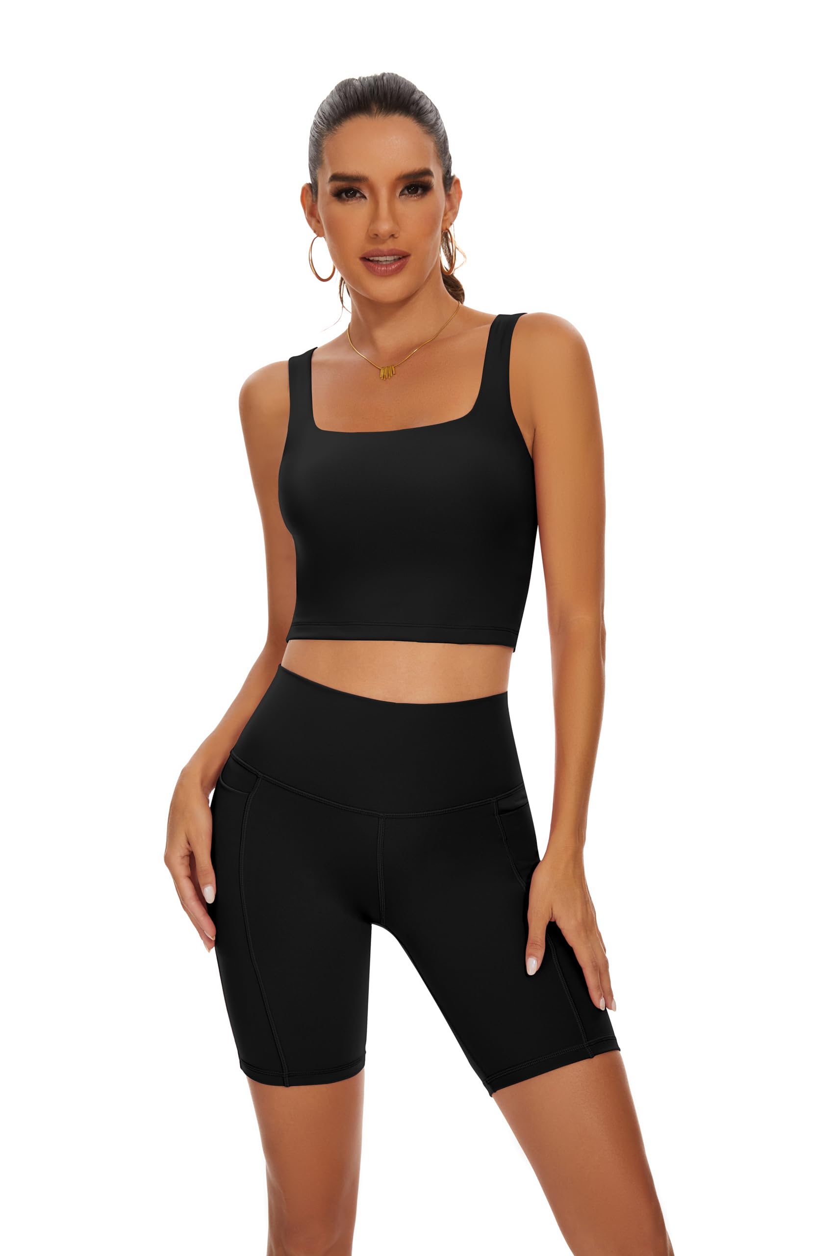 TAIPOVE2 Pieces Squareneck Workout Set for Women Biker Shorts and Longline Yoga Bra Active Wear Set Gym Yoga Outfits