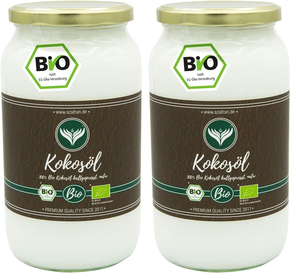 Azafran BIO Kokosöl Kokosnussöl nativ kaltgepresst im Glas 1L (Packung mit 2)