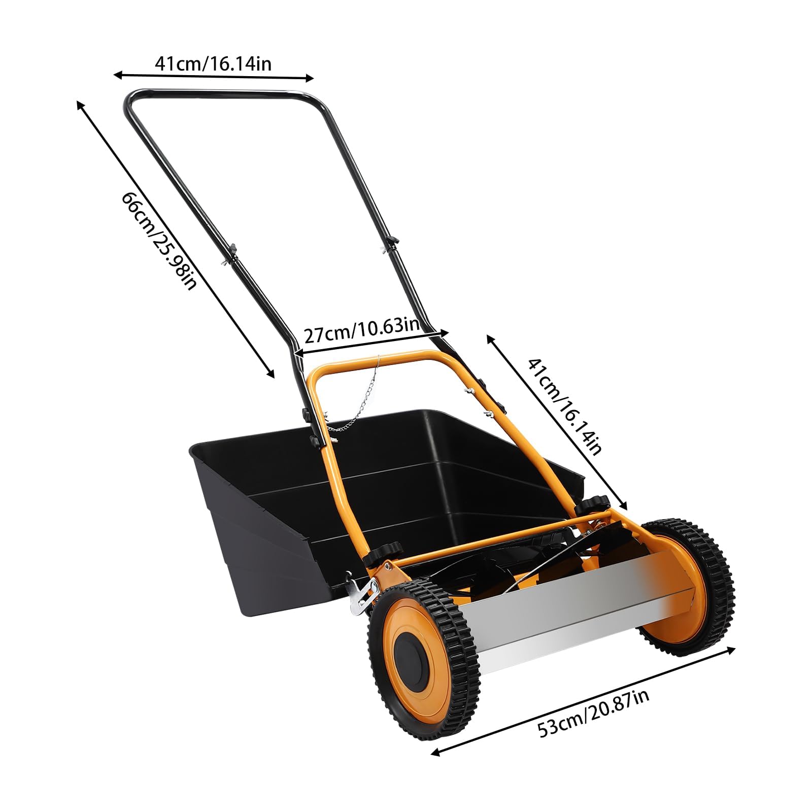 Cortacésped manual con carrete de empuje de 16 pulgadas, barredora de césped con caja de recogida, altura de corte ajustable de 0.47 a 1.65 pulgadas para patios pequeños y jardines