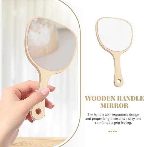 Miniatura 6 de Lurrose Espejo de mano de madera con mango montado en la pared, espejo de baño para mujer, maquillaje salón de viaje