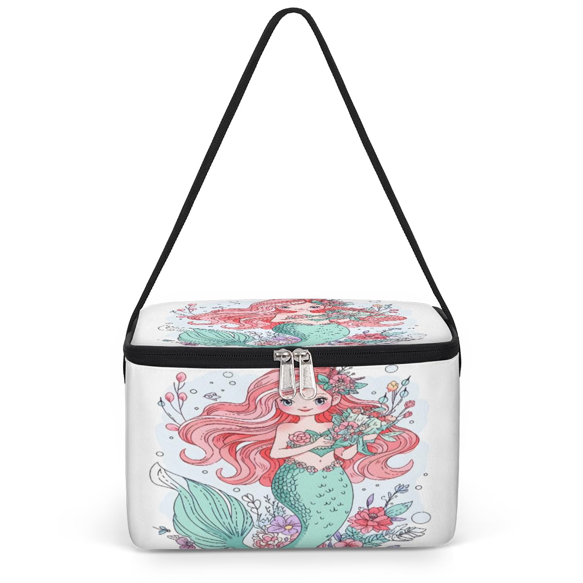 GzLeyigou Mermaid and Flowers Lunch Bags for Women Men 9 Cans, Hot & Cold Food Delivery Bag Insulated Grocery Bag Insulated Lunch Box Marine Mermaid Cooler Bag for Office Work Picnic Beach