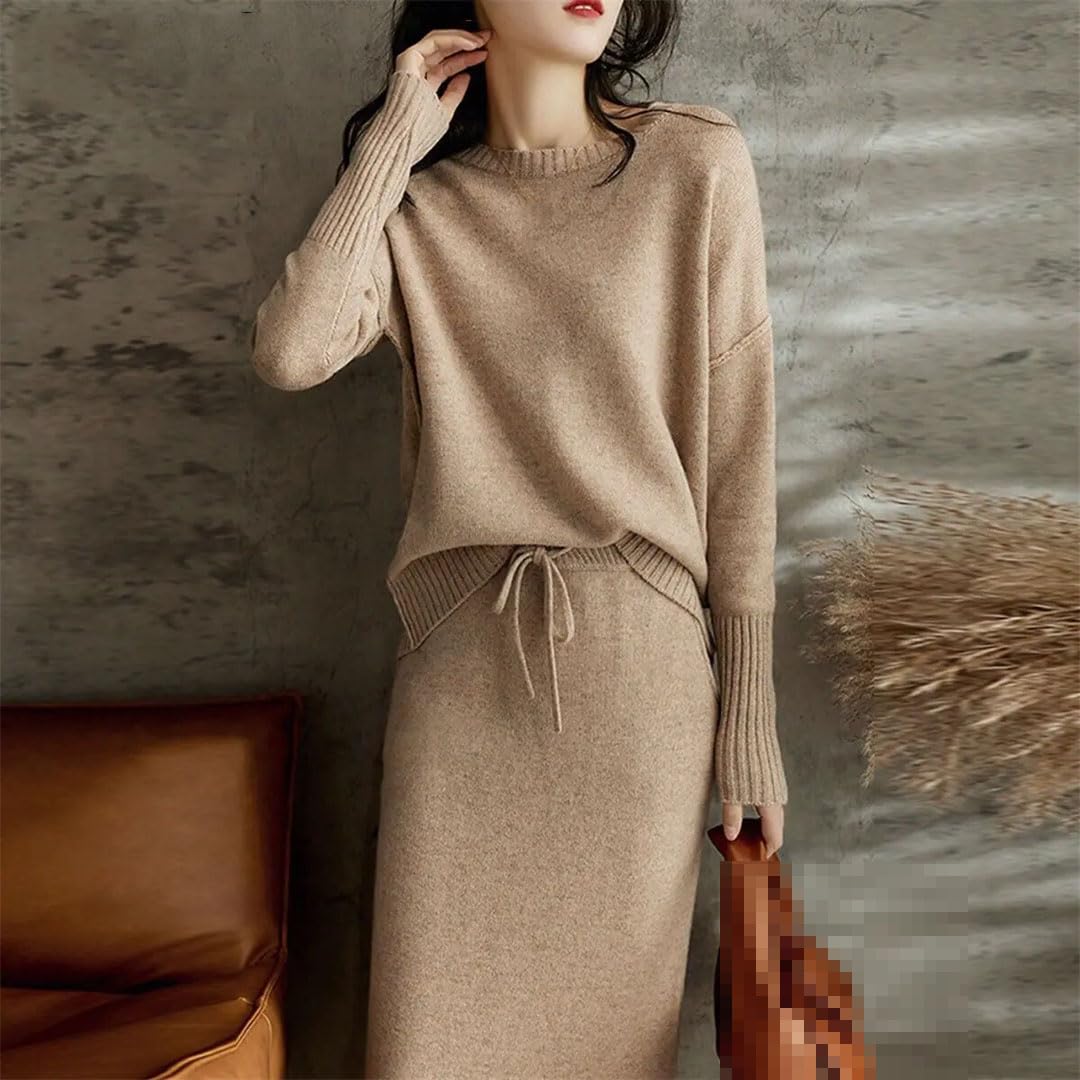 Sweejim Maglione Lavorato A Maglia Tasche con Coulisse Gonne per Donna Set di Gonne in Due Pezzi di Lana 2 Abito Invernale Ampio
