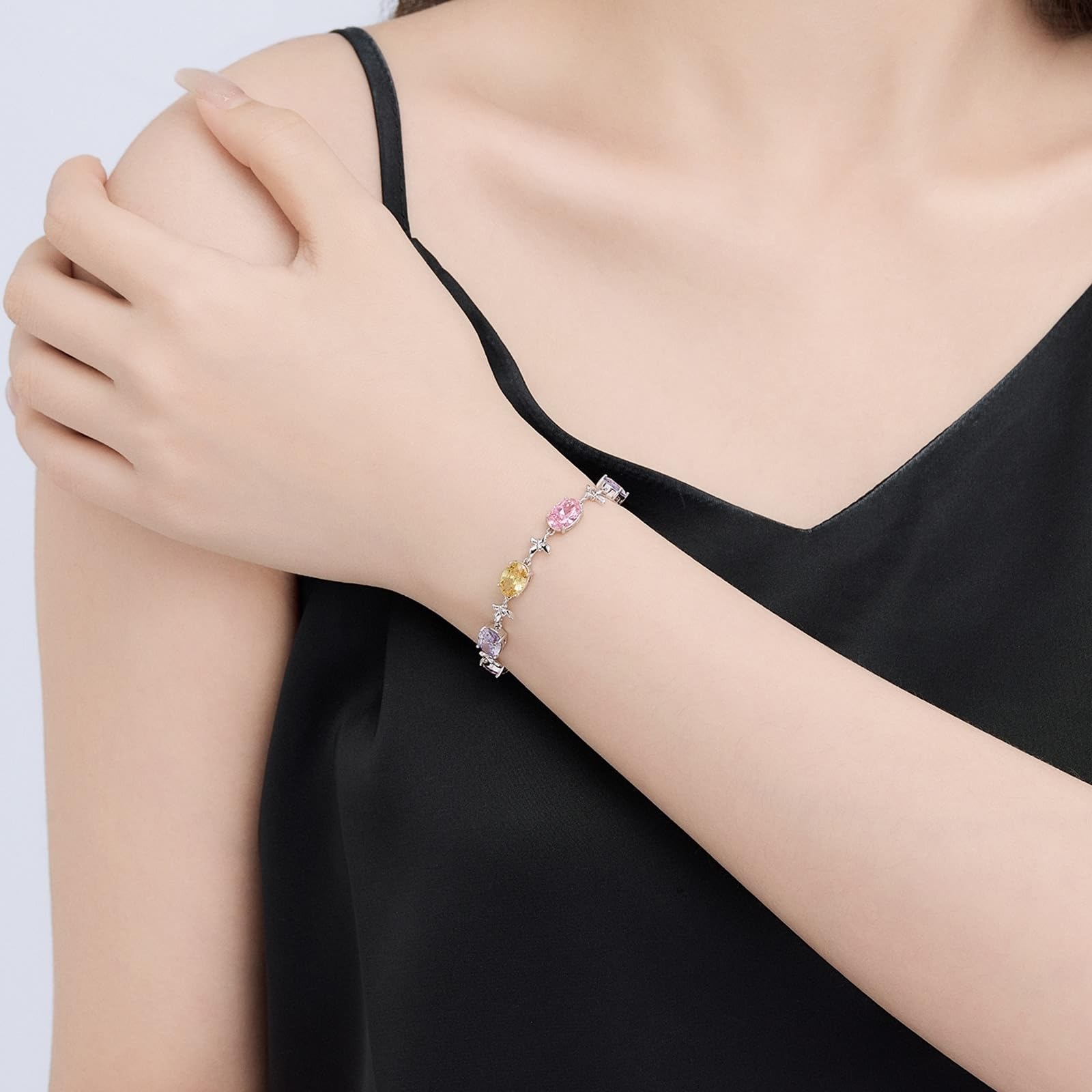 Pulsera de oro blanco de 9 quilates con amatista ovalada lila, mariposa Au375, 19 cm