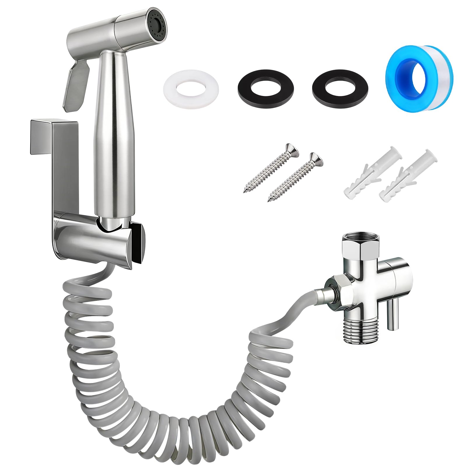 Stainless Steel Bidet Hand Shower Set Bidet Attachment for Bathroom with Spring Hose, Hook, Faucet Dispenser High Pressure Hand Shower for Toilet, Bathroom Hygiene Cloth Diaper Cleaning Pet Bath
