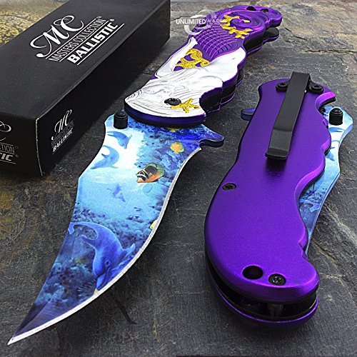 SairusPlay 9" PURPLE MERMAID OCEAN SPRING ASSISTED FOLDING KNIFE Blade Pocket Sea Fantasy