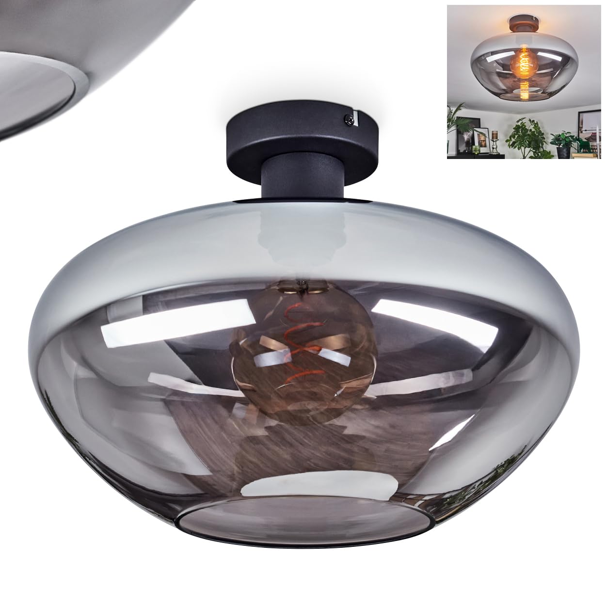 Plafonnier HOFSTEIN Mertola, plafonnier à 1 ampoule en métal/verre noir/gris fumé, luminaire moderne au design rétro/vintage (Ø 35 cm), E27, salle à manger, salon, chambre à coucher, cuisine, bureau