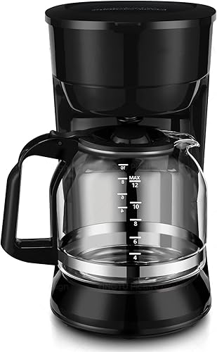 Cafetera de goteo negra de 12 tazas, apagado automático programable y pausa de preparación, jarra de vidrio con mango ergonómico, diseño compacto