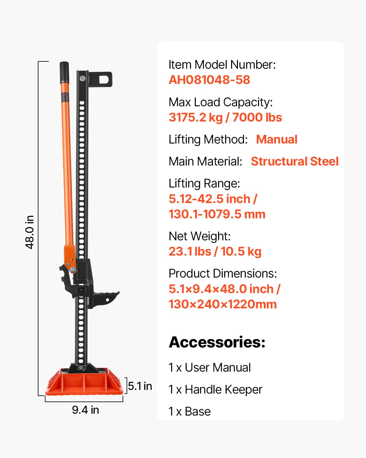 VEVOR Cric Tout-Terrain 4x4 Capacité de Charge 3,18 T, Cric à Crémaillère 122 cm avec Base, Hi-Lift Haute Levée avec Plage de Levage de 13-108 cm, Outil pour Véhicules Tout-Terrain Tracteurs Ferme