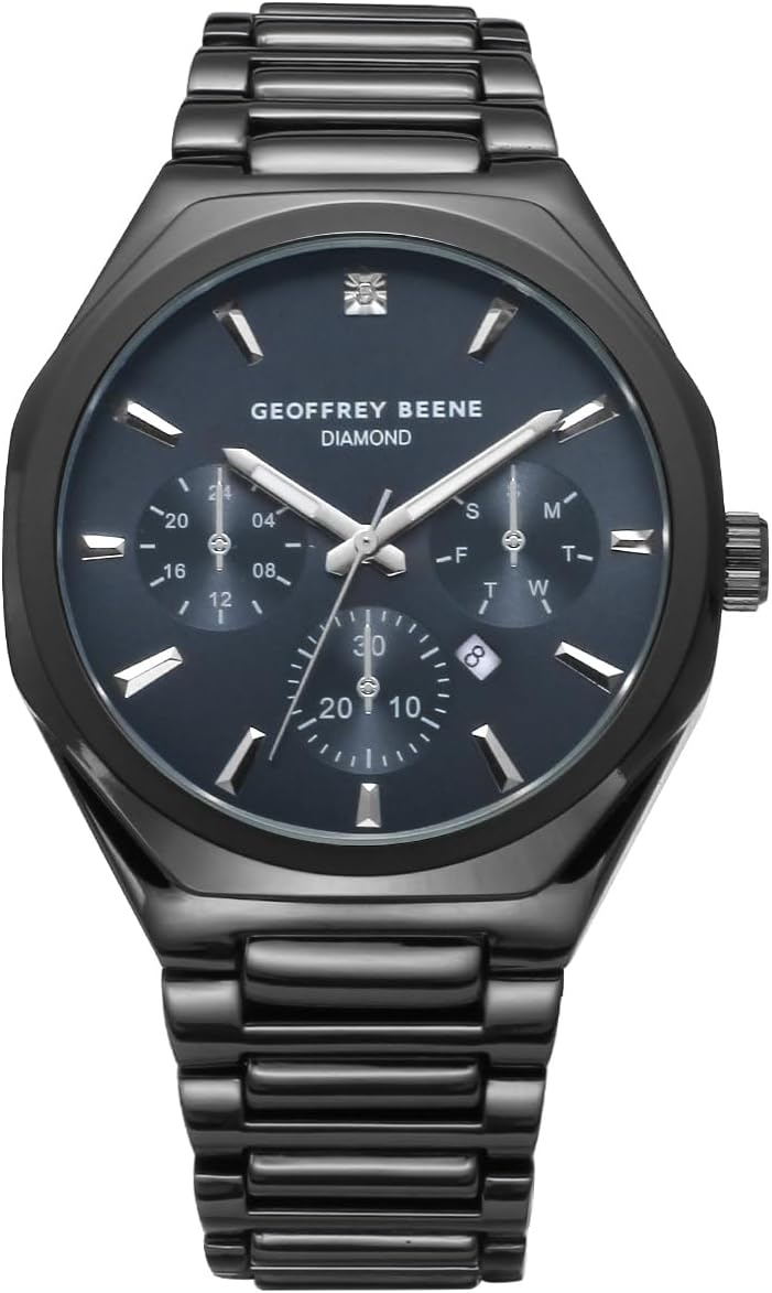 Geoffrey Beene Men's Black Decorative Subdials Metal Dress Watch, Genuine Diamond Accent Dial, Classic Quartz, Elegant Design (Gunmetal)