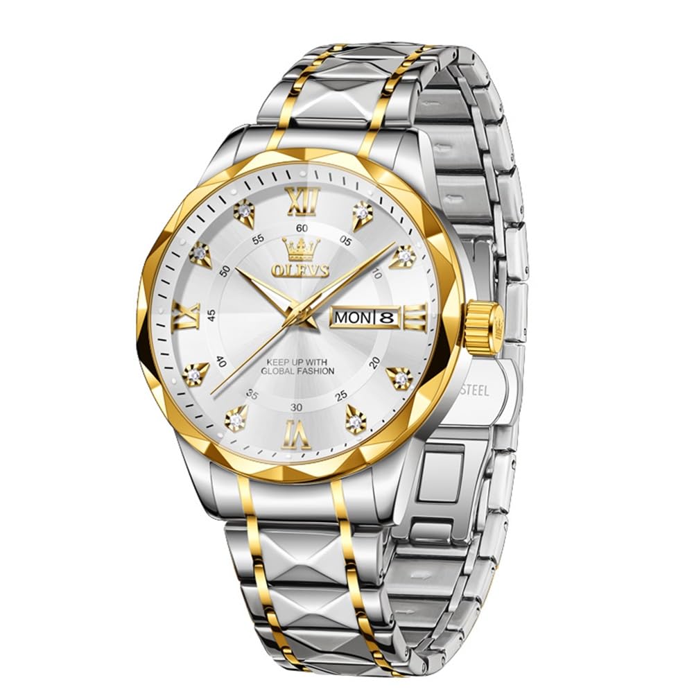 Olevs Watches for Men Analog Dress Waterproof Mens Watches Quartz Big Face Luxury Metal Mens Watch Classic Casual Diamond Durable Watch for Men Stainless Steel Easy Read Men's Watches with Day Date