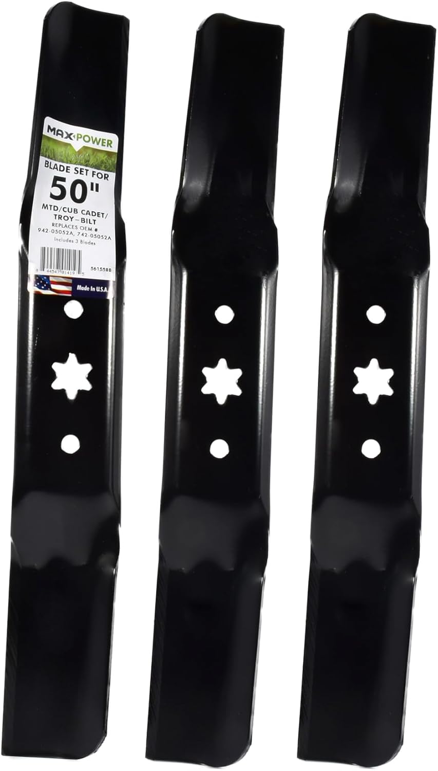 MaxPower 561558B 3 Blade Set for 50” Cut MTD, Cub Cadet, Troy-Bilt, Craftsman, Replaces OEM no. 942-05052A, 742-05052A, CMXGZAM110155