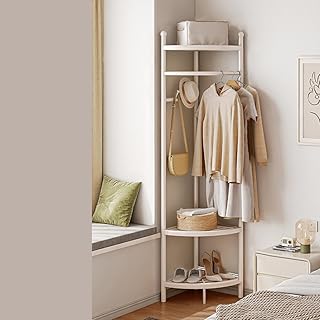 コーナーラック スリム ハンガーラック 棚付き 衣類収納 ハイタイプコートハンガー 組立簡単 耐荷重 頑丈 コーナー対応 寝室 玄関 衣類収納棚 白い