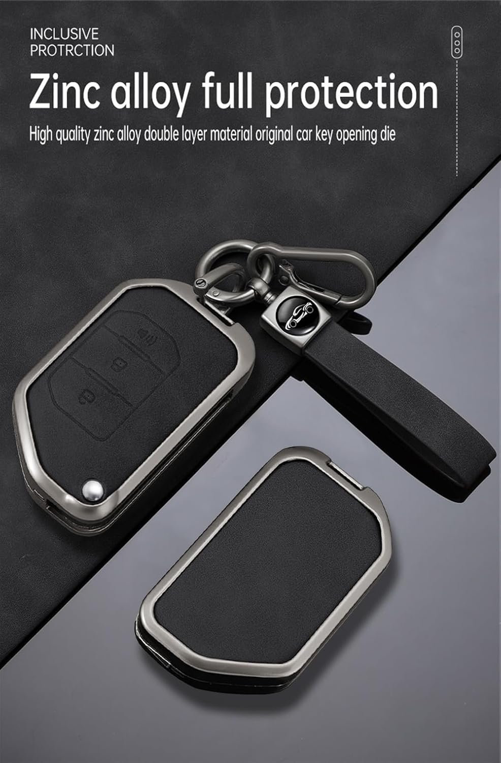 KUNIO For Jeep Leather Metal Car Key Fob Cover Case fit for Jeep Wrangler 2025 Gladiator 2026 Rubicon Sahara 2024 JL JLU 4XE Key Chain Key Shell Accessories 3 Button Black