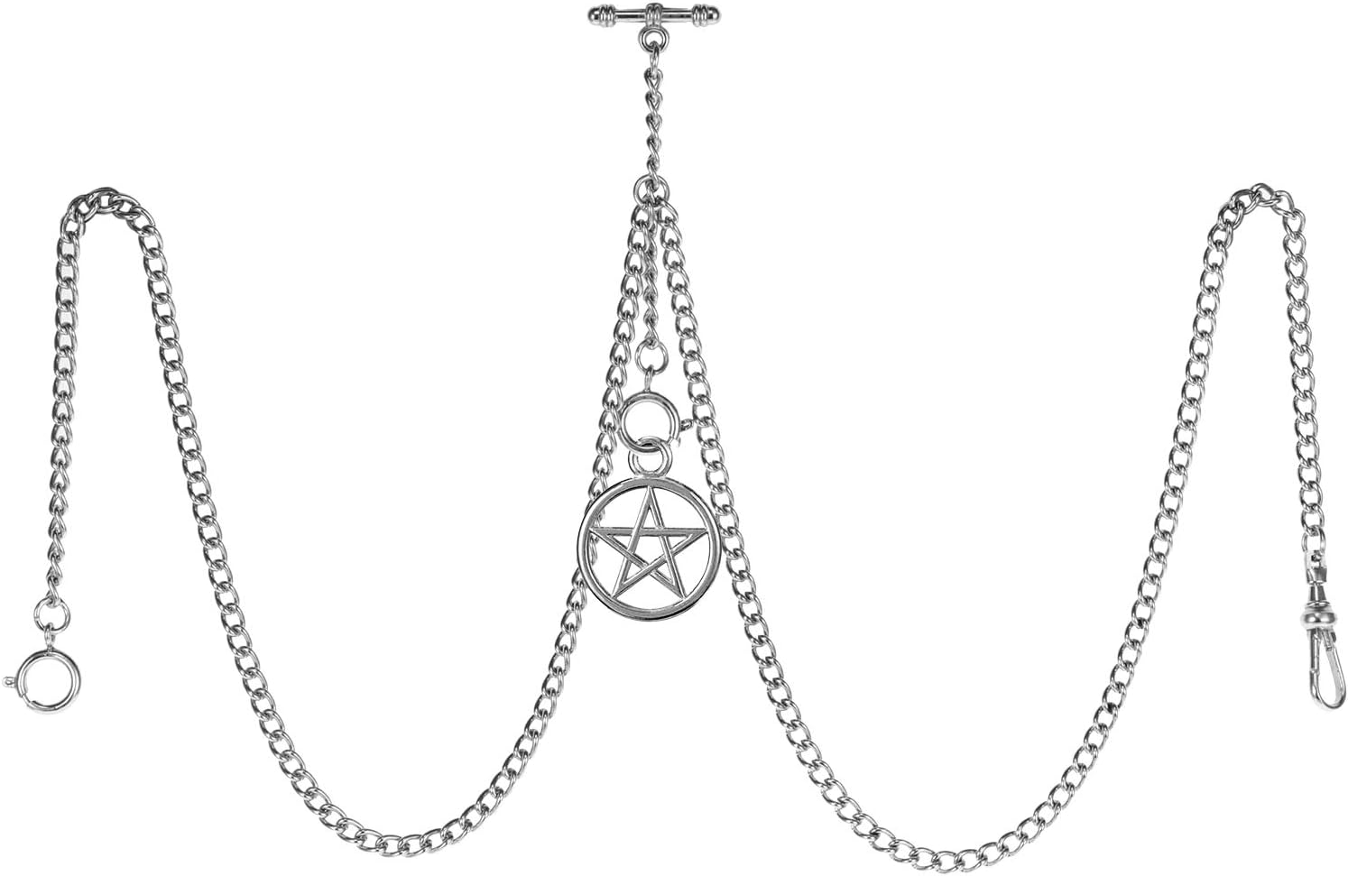 TREEWETO Men's Double Albert Chain Pocket Watch Curb Link Key Chain 3 Hooks with Antique Five-Pointed Star Pendant Design Charm Fob T Bar