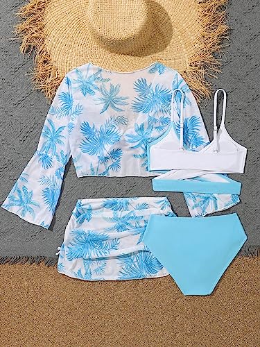 Image of WDIRARA Girl's 4 Piece Color Block Swimsuit and Coverup Set Tree Print Boho Swimwear Light Blue 9Y