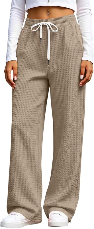 Women Waffle Wide Leg Pants Drawstring Elastic Waist Lounge Trousers