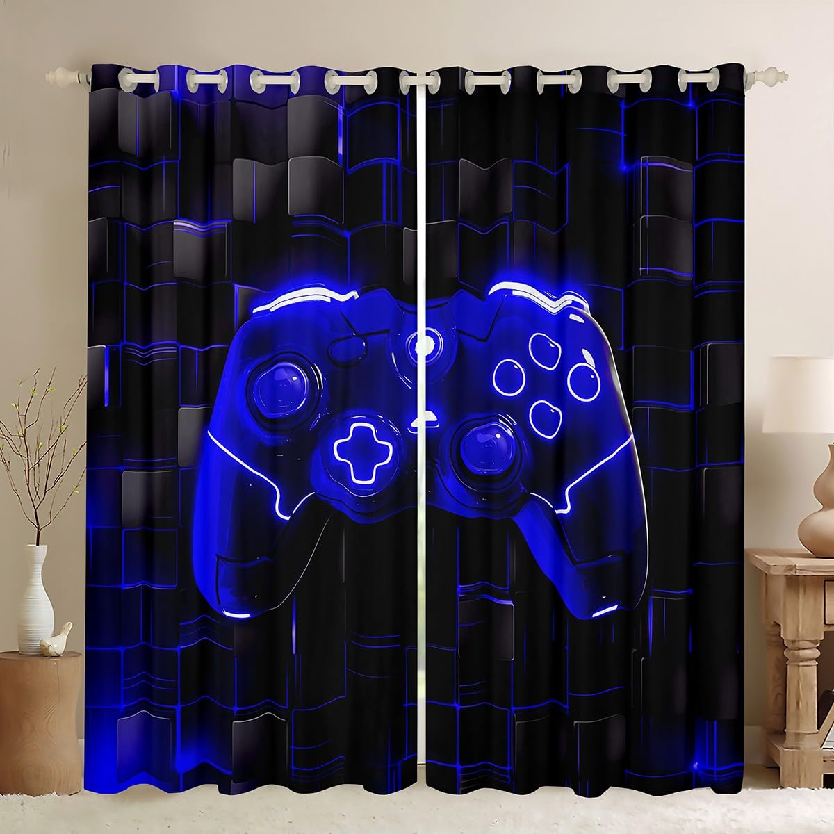 Manfei Modern Gamer Kids Blackout Curtain Royal Blue Gaming Window Drapes for Boys Teens Adult Room Decor, Black Videogame Window Treatments, Grommet Top 2 Panel Set Bedroom Curtains, 46Wx54L inch โ image 1