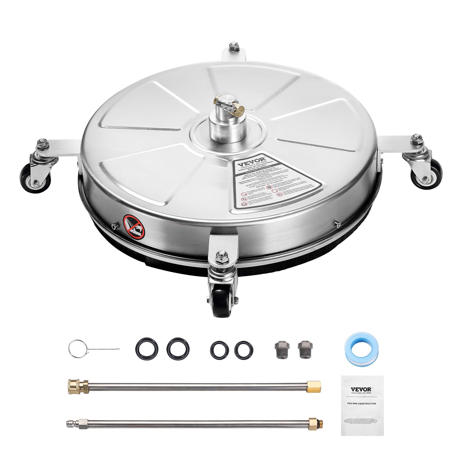 VEVOR Nettoyeur de Surface pour Nettoyeur Haute Pression 465 mm, Accessoire Nettoyeur Sol en Acier INOX sur Roues, 275 Bar Max. connecteur 0,635 cm 2 Buses pulvérisation 2 tiges Extension, pour béton