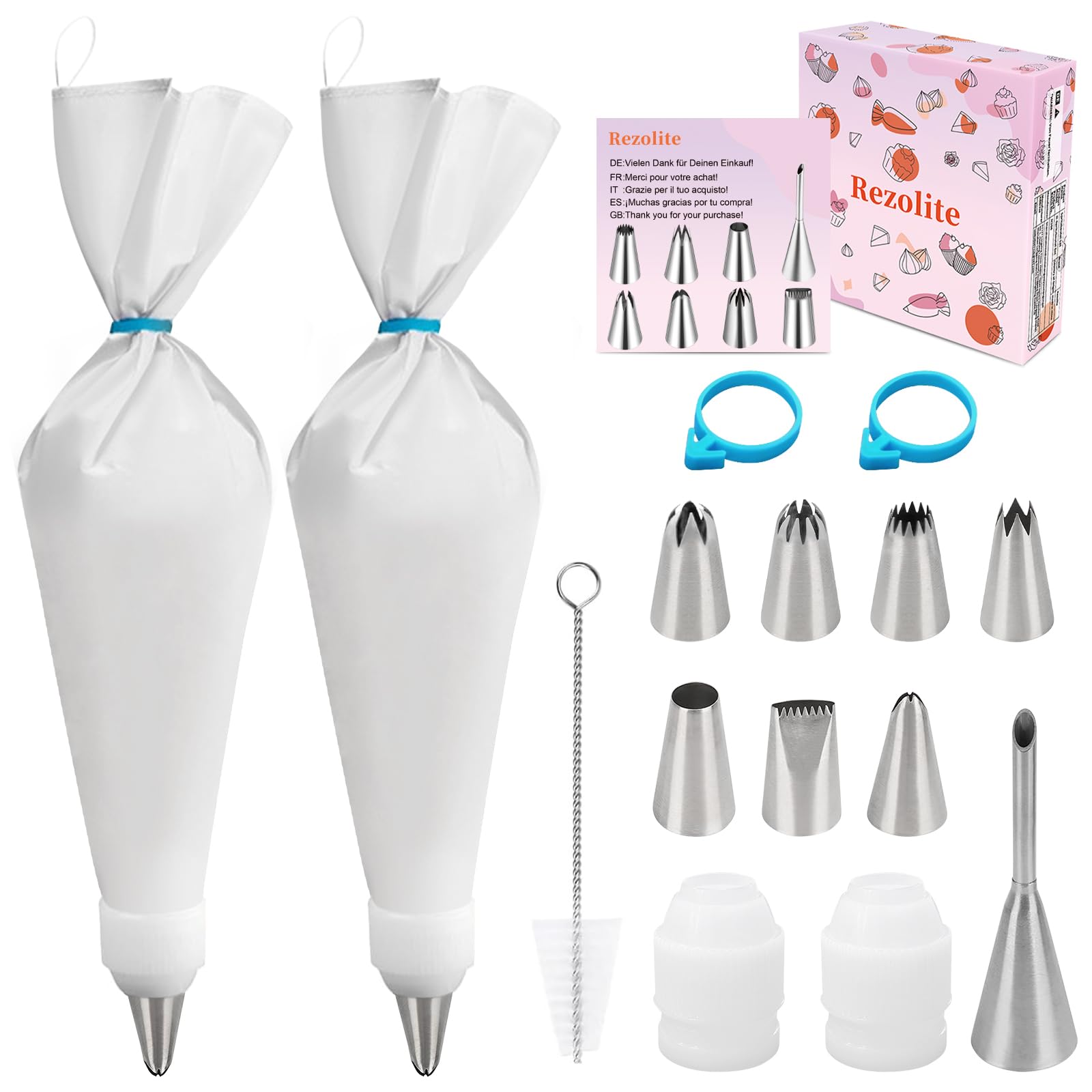 Rezolite Spritzbeutel-15 Teilig Spritzbeutel Mit Tüllen 2 Stücke Spritzbeutels | 30CM+35CM und 8 Edelstahl Spritztüllen, Zubehör für Torten und Backen