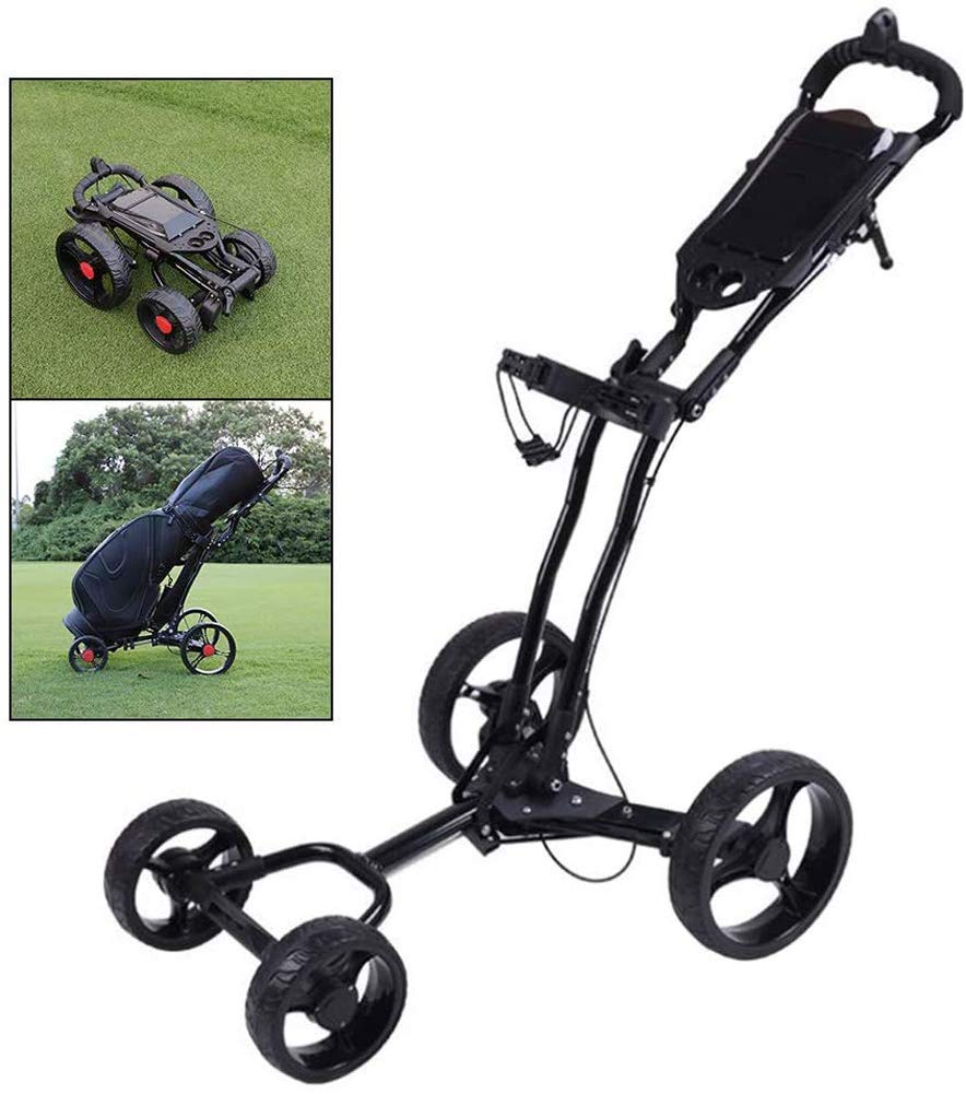 Carrito de Golf de 4 Ruedas, Plegable y Ligero, con Freno de Mano, paragüero, portavasos, Rueda Lisa y Panel multifunción. Fácil instalación.