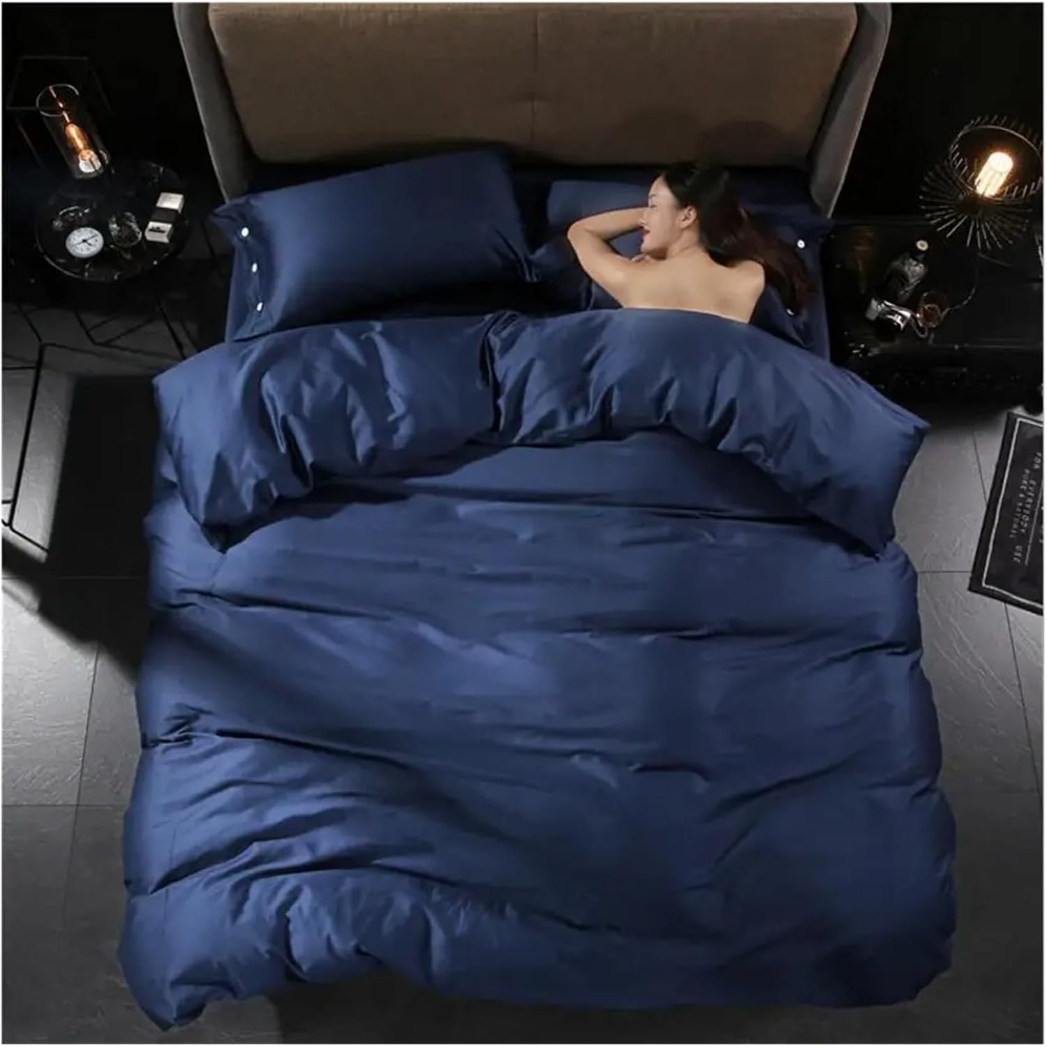 Navy Blue Cotton Home Duvet Cover Bed Sheet Pillowcase Mattress Cover 4pcs Solid Color Bedspread Bedding Set Luxury,Bed