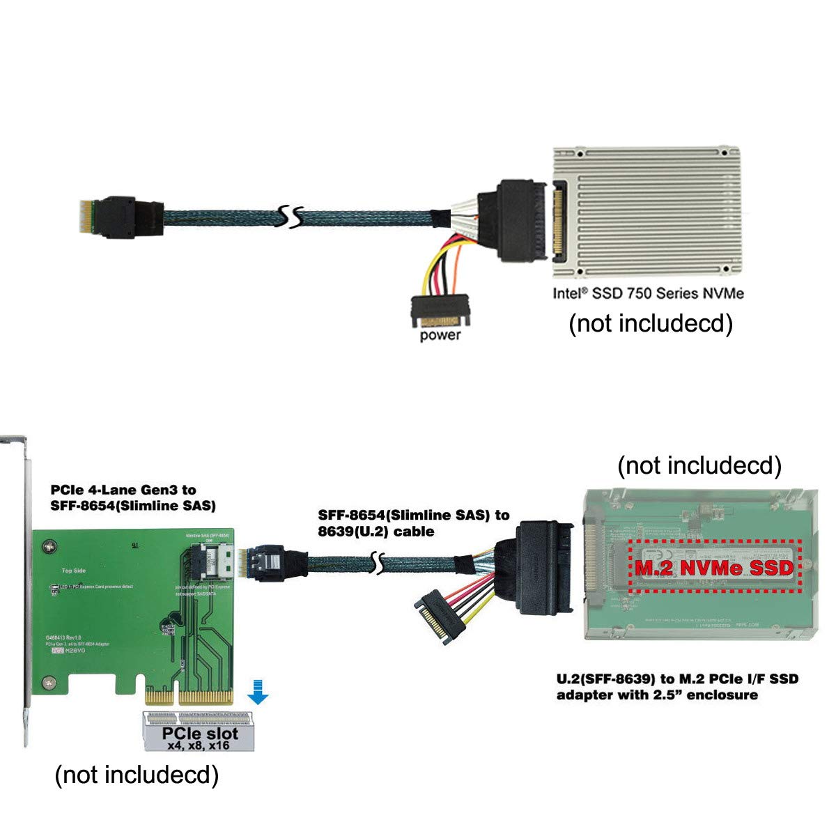 Cablecc U.2 U2 SFF-8639 a Slimline SFF-8654 4i NVME PCIe SSD Cable para placa base SSD 750 p3600 p3700 M.2 50 cm