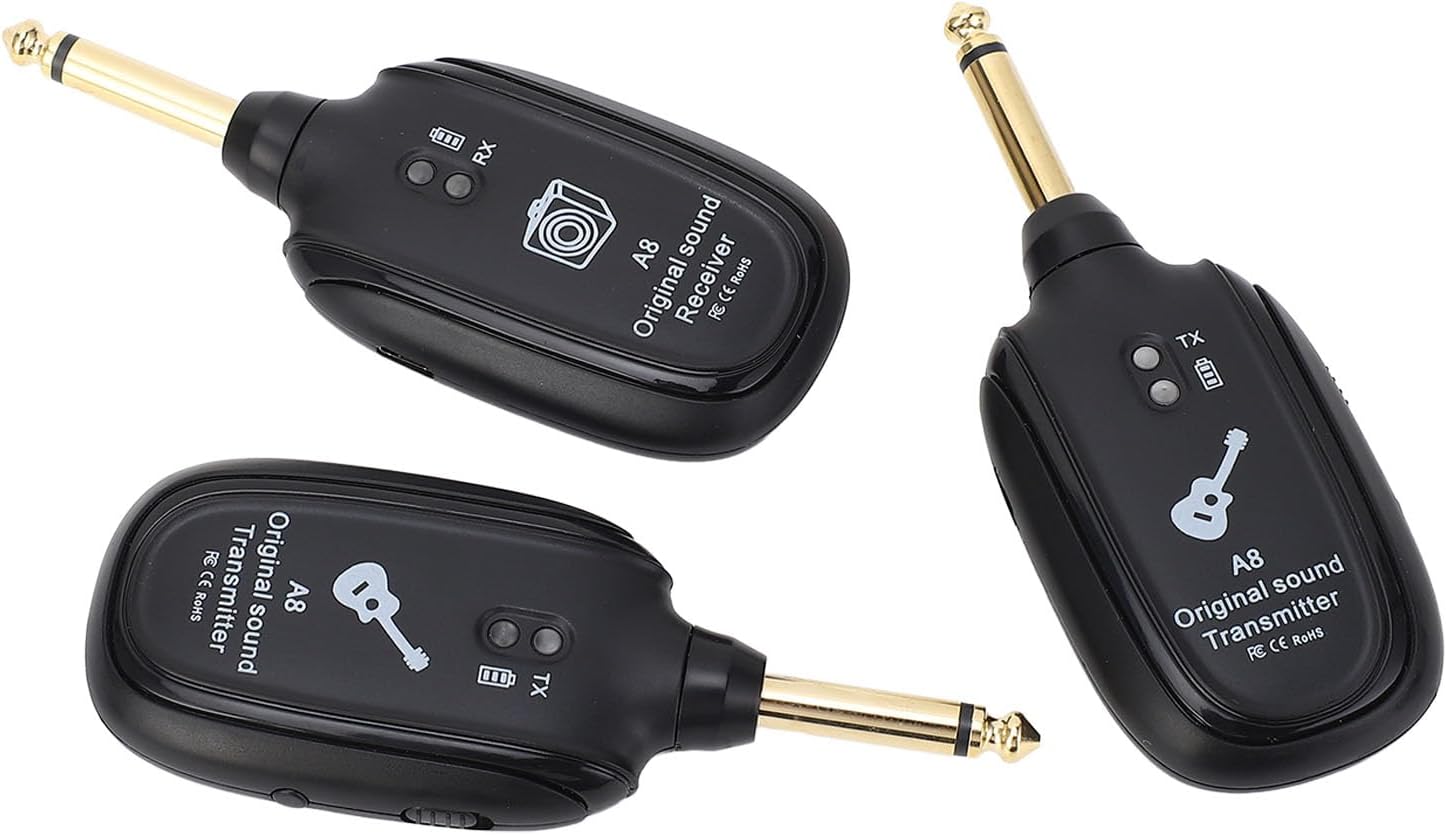 Wire less Guitar System, 2.4GHz Wire less Guitar Transmitter Receiver 4 Channels 98.4 Feet Transmission Range Rechargeable Audio Transmitter and Receiver for Guitar Bass Violin