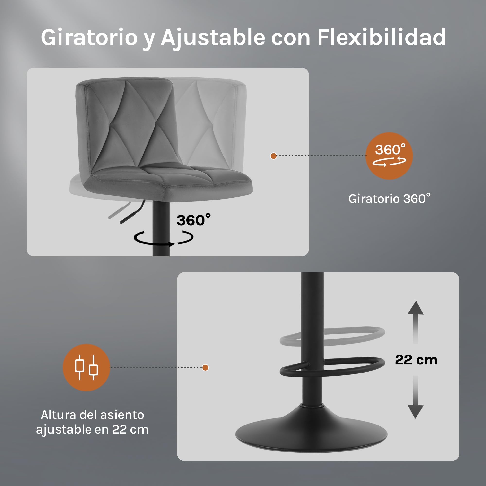 Lestarain Taburetes Altos de Cocina con Respaldo Juego de 2 | Taburete Bar Giratorio; para Bistro Cafeteria y Cocina; con Terciopelo