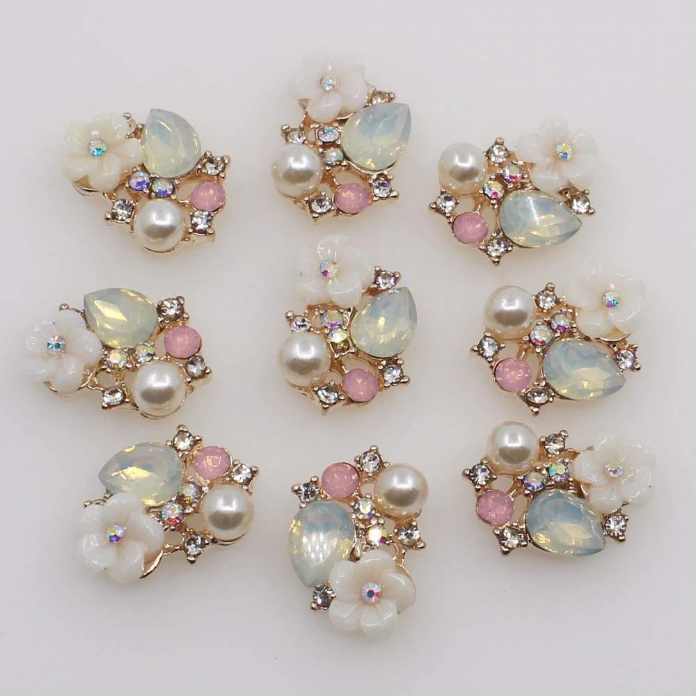 10PC Five-Petal Flowe Rhinestone Pearl Flatback Alloy Buttons Wedding Decoration DIY Clothing Scrapbooking Crafts Accessories 19mmX14mm