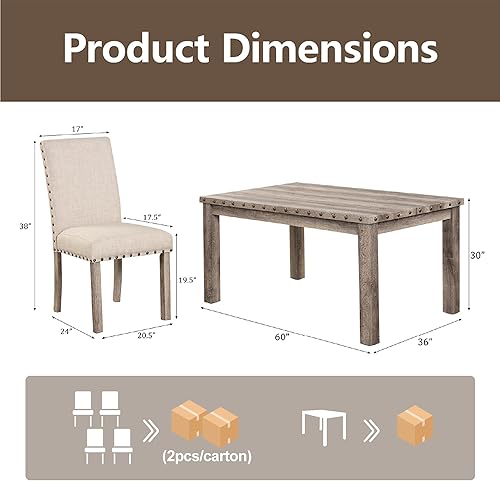 Miniatura 2 de Morden Fort Juego de Comedor Estilo Granja para 4, Mesa Rectangular de Madera de 60" y 4 Sillas Tapizadas con Detalles de Tachuelas, Juego de Mesa