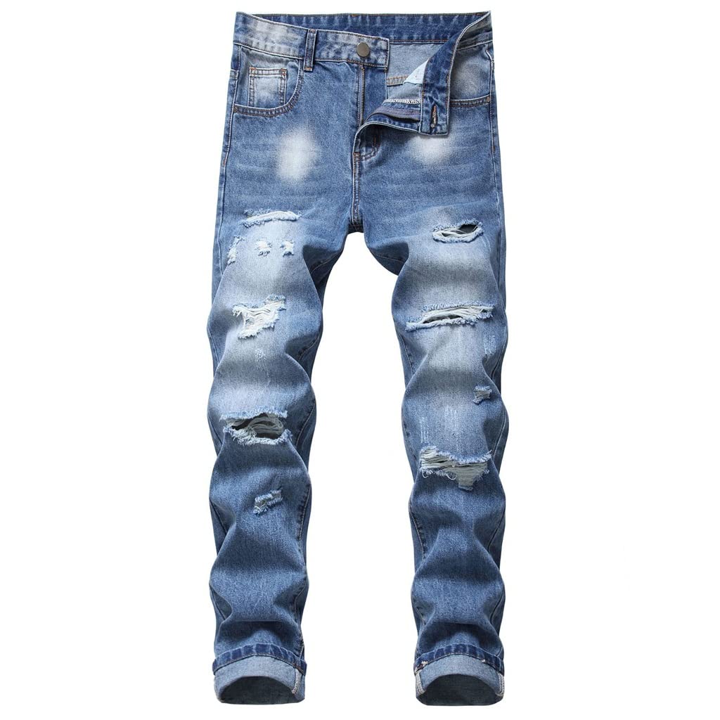 JSEIAJB Mens Ripped Jeans Denim Straight Hole Non-Stretch Cotton Trousers Ruined