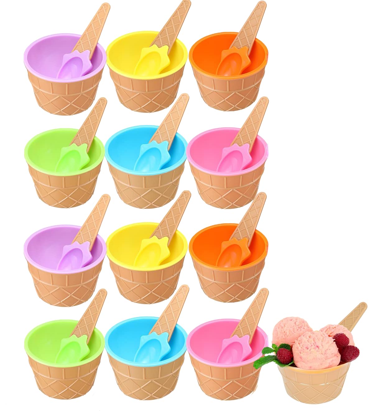 Sweet seven 12 Pack Reusable Ice Cream Cups with Spoons - Plastic Bowls for Sundae and Frozen Yogurt