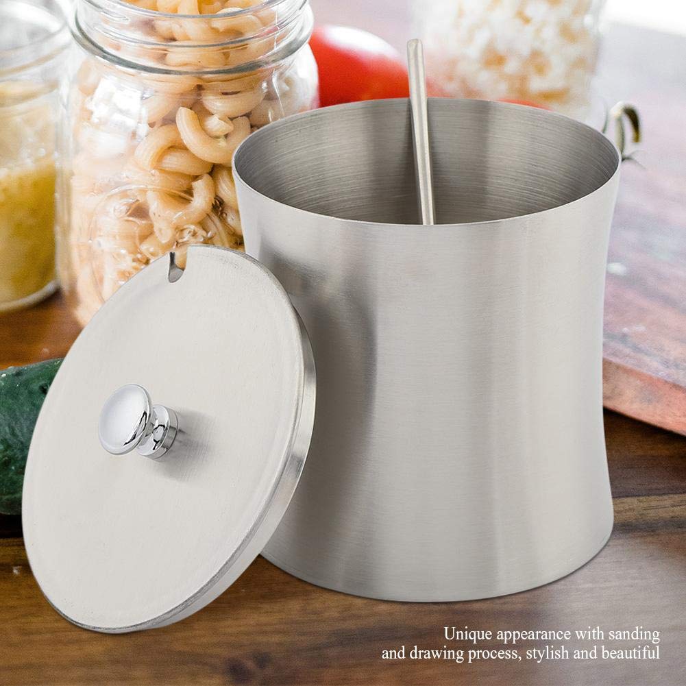 Nikou Stainless Steel Sugar Bowl, 13.5 OZ, 400 ml, with Lid and Spoon, Silver, Round, Geometric Pattern, Durable, Rust Resistant, Dishwasher Safe, Home and Kitchen Storage