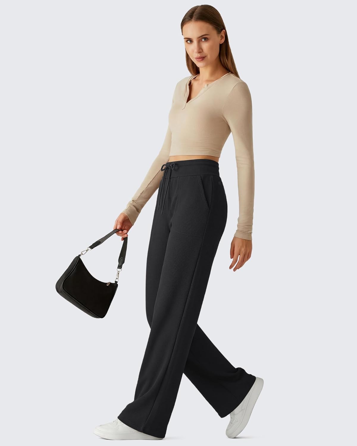 G4Free Women's Waffle Knit Wide Leg Sweatpants – High Waisted with Pockets Casual Straight Leg Pants - Image 4