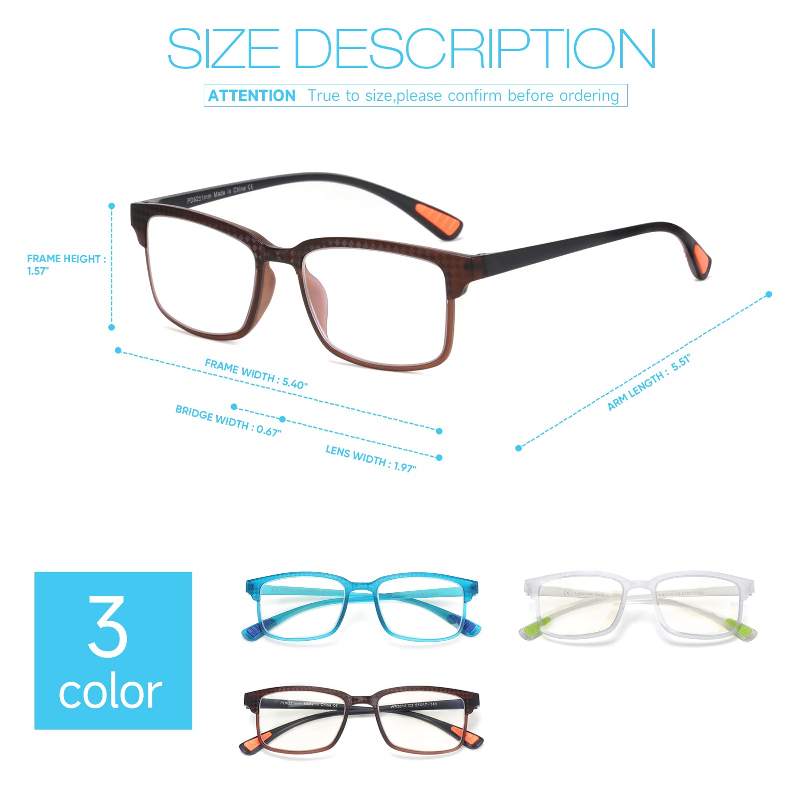 Premium 3 Pack Progressive Reading Glasses for Men Women, CARA Lightweight TR90 Multifocus Computer Readers, Workspace Near Range Approx 3ft (1.5x)