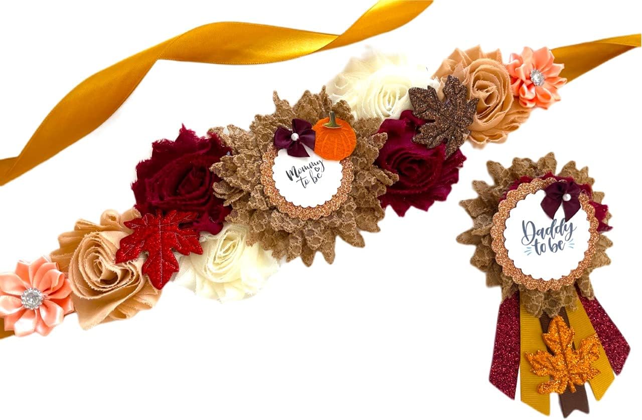 Fall Pumpkin Mommy To Be Sash & Daddy To Be Pin – Autumn Baby Shower Decorations, Maternity Corsage Set, Gender Reveal Party Keepsake