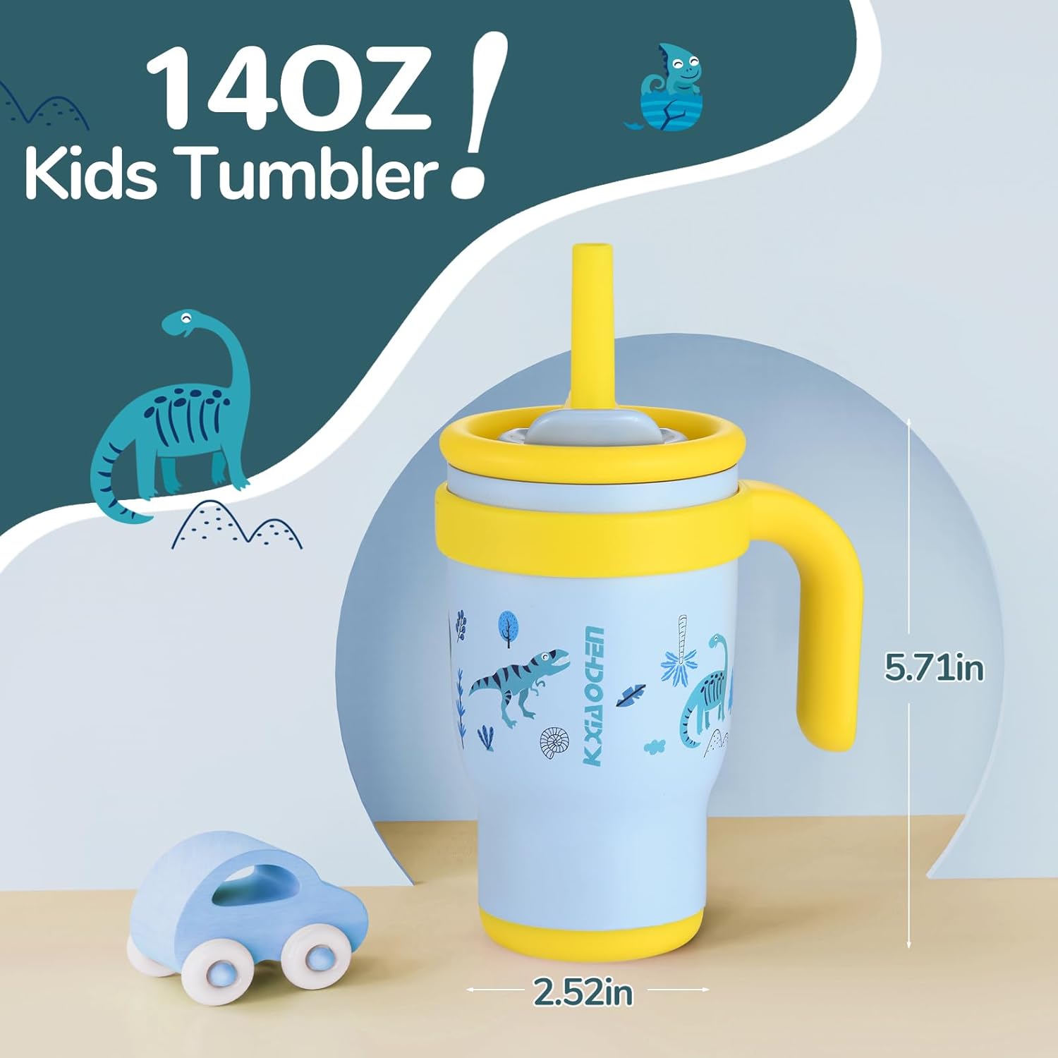 KXIAOCHEN Toddler Tumbler With Straw Spill Proof 14 Oz, Kids Tumbler With Handle Insulated Stainless Steel BPA-Free Keeps Drinks Cold up to 24 Hrs for Travel Cup Holders Outdoors, Blue Dinosaur - Image 7