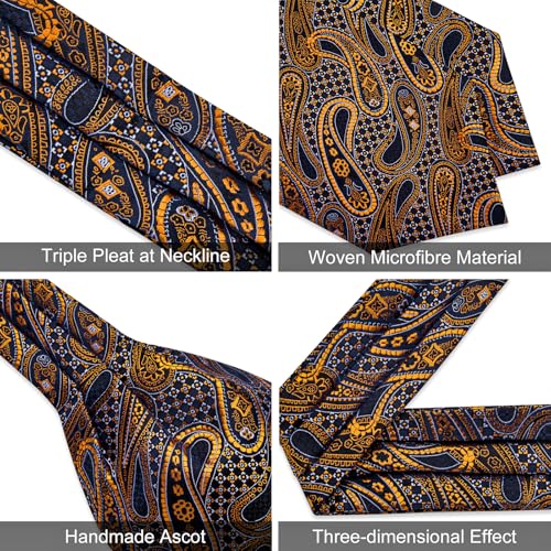 Image of DiBanGu Mens Silk Ascot Ties Paisley Jacquard Woven Cravat and Pocket Square Cufflinks with Lapel Pin for Business Wedding