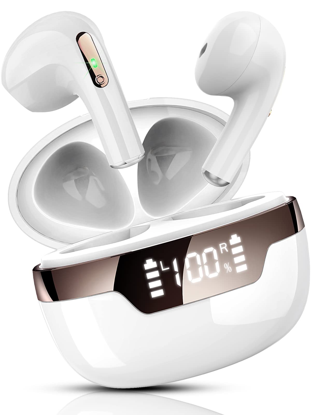 Wireless Earbuds, Wireless Earphones Bluetooth 5.2 Headphones, Bluetooth earbuds with Mic, HiFi Stereo Deep Bass CVC 8.0 Noise Reduction Earbuds, LED Display, IP7 Waterproof Sport Earbuds, White