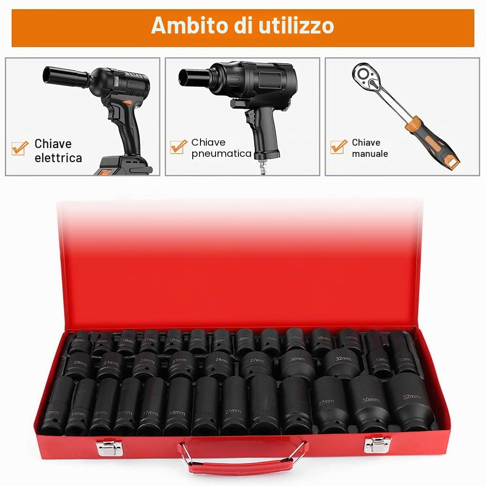 35Pcs Set di manicotti a bussola per bit esagonale con impatto profondo metrico per cricchetto 1/2 pollice con punta a 6 punte